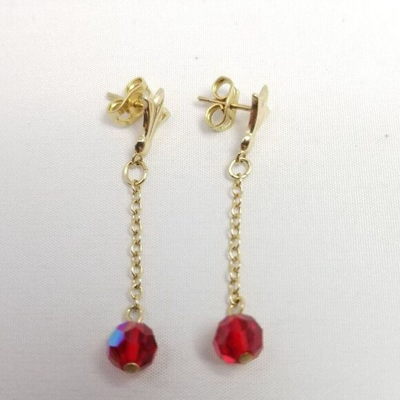 Vintage Red Bead Dangle Stud Earrings, Gold Tone Setting, AB Iridescent, Estate - Picture 1 of 6